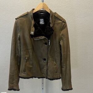 CNC Costume National Olive Leather Jacket with Brown Rabbit Fur Interior (100%)